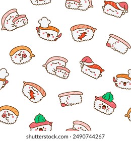 Funny kawaii sushi with cute faces. Seamless pattern. Japanese traditional cuisine dishes characters. Hand drawn style. Vector drawing. Design ornaments.