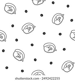 Funny kawaii sushi with cute faces. Seamless pattern. Coloring Page. Japanese traditional cuisine dishes characters. Hand drawn style. Vector drawing. Design ornaments.