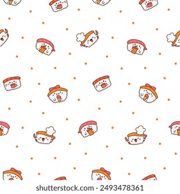 Funny kawaii sushi with cute faces. Seamless pattern. Japanese traditional cuisine dishes characters. Hand drawn style. Vector drawing. Design ornaments.