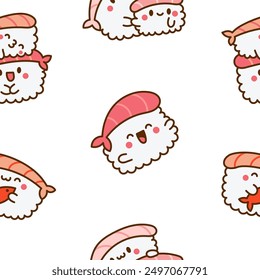 Funny kawaii sushi with cute faces. Seamless pattern. Japanese traditional cuisine dishes characters. Hand drawn style. Vector drawing. Design ornaments.