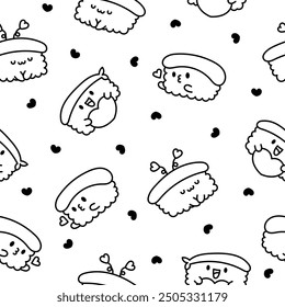Funny kawaii sushi with cute faces. Seamless pattern. Coloring Page. Japanese traditional cuisine dishes characters. Hand drawn style. Vector drawing. Design ornaments.