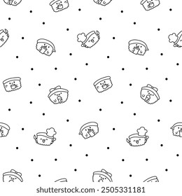 Funny kawaii sushi with cute faces. Seamless pattern. Coloring Page. Japanese traditional cuisine dishes characters. Hand drawn style. Vector drawing. Design ornaments.