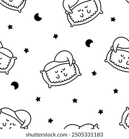 Funny kawaii sushi with cute faces. Seamless pattern. Coloring Page. Japanese traditional cuisine dishes characters. Hand drawn style. Vector drawing. Design ornaments.