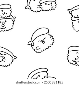 Funny kawaii sushi with cute faces. Seamless pattern. Coloring Page. Japanese traditional cuisine dishes characters. Hand drawn style. Vector drawing. Design ornaments.