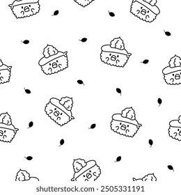 Funny kawaii sushi with cute faces. Seamless pattern. Coloring Page. Japanese traditional cuisine dishes characters. Hand drawn style. Vector drawing. Design ornaments.