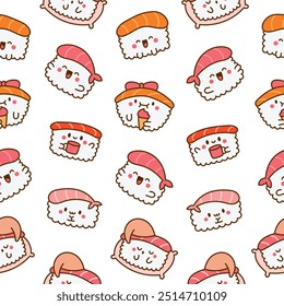 Funny kawaii sushi with cute faces. Seamless pattern. Japanese traditional cuisine dishes characters. Hand drawn style. Vector drawing. Design ornaments.