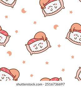 Funny kawaii sushi with cute faces. Seamless pattern. Japanese traditional cuisine dishes characters. Hand drawn style. Vector drawing. Design ornaments.