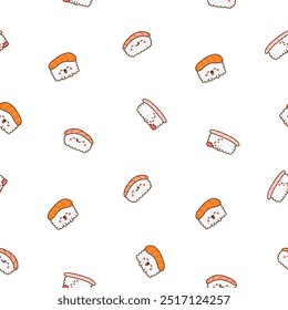 Funny kawaii sushi with cute faces. Seamless pattern. Japanese traditional cuisine dishes characters. Hand drawn style. Vector drawing. Design ornaments.