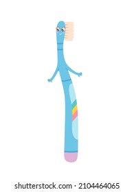 Funny kawaii toothbrush character vector illustration. Cartoon cute blue brush with bristle and smile for whitening and cleaning tooth of children isolated on white. Kids oral hygiene concept