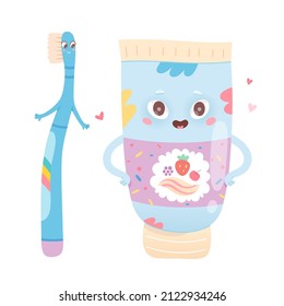 Graciosa ilustración vectorial de caracteres de cepillo de dientes y pasta dental de kawaii. Cartoon lindo cepillo con cerda, pasta dental crema con sabor a fruta para limpiar dientes de niño aislados en blanco. Concepto de higiene