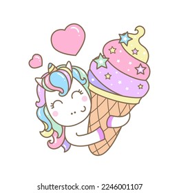 Funny kawaii unicorn is holding ice cream. Flat style on a white background. For children's design of prints, posters, cards, stickers, badges and so on. Vector illustration