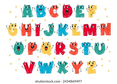 Funny kawaii uppercase letters alphabet creative typography design for children education vector illustration. Colorful funky abc font typeface with comic faces for nursery or kindergarten kids