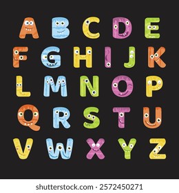 Funny kawaii uppercase letters alphabet creative typography design for children education vector illustration. Colorful funky abc font typeface with comic faces for nursery or kindergarten kids