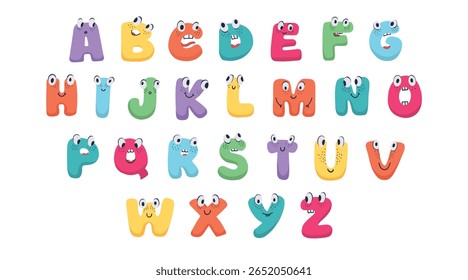 Engraçado kawaii letras maiúsculas alfabeto desenho tipográfico criativo para crianças educação ilustração vetorial. Tipo de fonte funky colorida abc com rostos cômicos para crianças de jardim de infância