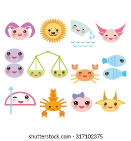 Funny Kawaii zodiac sign, astrological set virgo aries, gemini, cancer aquarius taurus leo, libra, sagittarius,  fish, capricorn, scorpio. Muzzle pink cheeks, winking eyes on white background. Vector