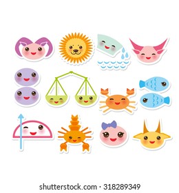 Funny Kawaii zodiac sign, astrological stiker set  virgo, aries, gemini, cancer, aquarius, taurus, leo, libra, sagittarius,  fish, capricorn, scorpio. Vector