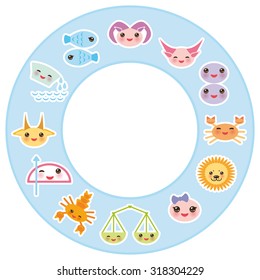 Funny Kawaii zodiac sign, astrological stiker set  virgo, aries, gemini, cancer, aquarius, taurus, leo, libra, sagittarius,  fish, capricorn, scorpio bright blue background. Vector