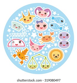 Funny Kawaii zodiac sign, astrological stiker set  virgo, aries, gemini, cancer, aquarius, taurus, leo, libra, sagittarius,  fish, capricorn, scorpio bright blue background. Vector