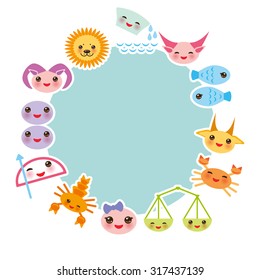 Funny Kawaii zodiac sign, light blue round frame, astrological set  virgo, aries, gemini, cancer, aquarius, taurus, leo, libra, sagittarius,  fish, capricorn, scorpio. Vector