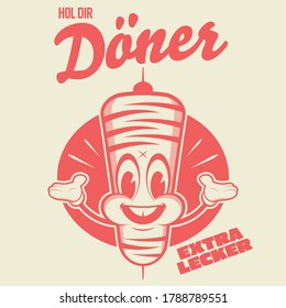 funny kebap doner cartoon logo with german text which means get doner extra delicious