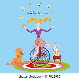 Funny 'Keep balance' image with pretty sweet girl with long red hair riding unicycle and juggling 8 colorful balls and red poodle dog and fox terrier sitting on the red chair observing the scene