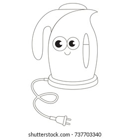 Funny Kettle cartoon. Outlined illustration with thin line black stroke