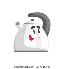 Funny kettle character with smiling face, humanized home electrical equipment vector Illustration