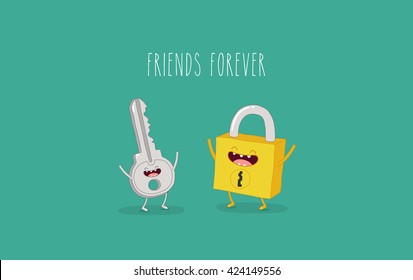 Funny key   lock  Friends forever  Vector illustration  Comic character  Use for card  poster  banner  web design   print t  shirt  Easy to edit 