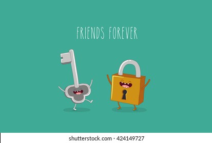 Funny key and lock. Friends forever. Vector illustration. Comic character. Use for card, poster, banner, web design and print on t-shirt. Easy to edit. Vector illustration.