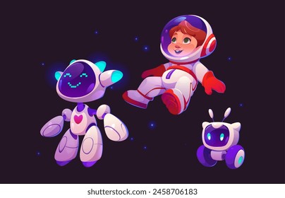 Niño divertido astronauta y lindo robot en el Vector espacial. Niño cosmonauta flotando en el universo con un amigo personaje y la rueda de la galaxia cyborg juntos. Feliz sonriente asistente bebé bot y concepto de niño pequeño