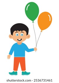 funny kid boy cartoon character with air gift balloon in hand icon isolated on white background