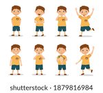 Funny kid boy emotion expressions. Boy showing facial emotions and various gestures. Isolated on white with shadow, set of flat cartoon vector illustrations isolated on white background
