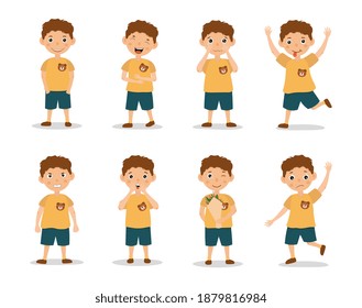 Funny kid boy emotion expressions. Boy showing facial emotions and various gestures. Isolated on white with shadow, set of flat cartoon vector illustrations isolated on white background