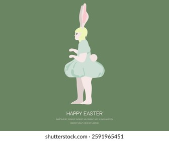 Funny kid with bunny, rabbit ears on head. Adorable child on April holiday with traditional treats, food. Flat vector illustration isolated on white background
