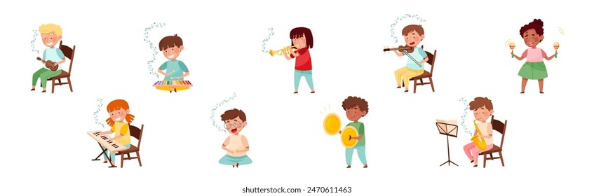 Funny Kid Character Playing Musical Instrument at Music Lesson Vector Set