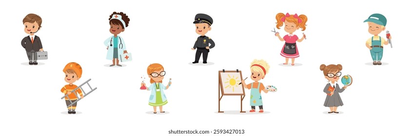 Funny Kid Character Wear Professional Uniform Vector Set