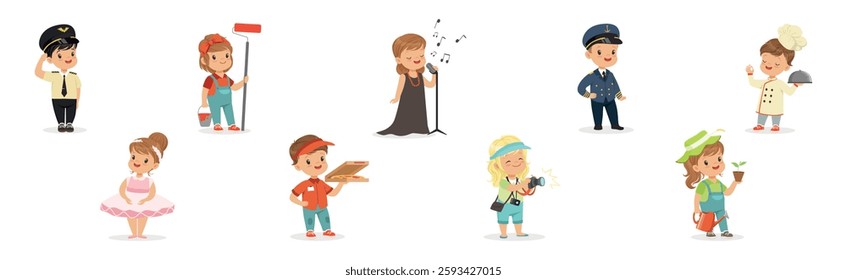 Funny Kid Character Wear Professional Uniform Vector Set
