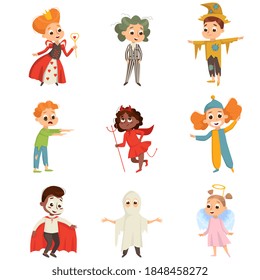 Funny Kid Characters Dressed in Halloween Costumes Vector Set