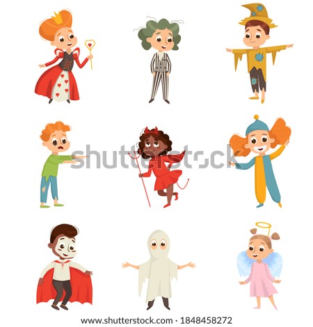 Funny Kid Characters Dressed in Halloween Costumes Vector Set