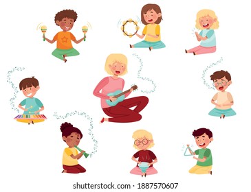 Funny Kid Characters Playing Flute And Keyed Xylophone At Music Lesson Vector Set