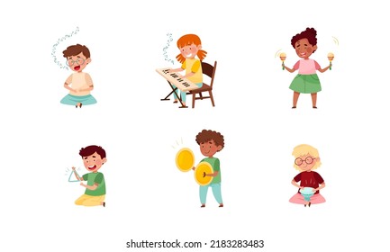 Funny Kid Characters Playing Maraca and Keyboard at Music Lesson Vector Set