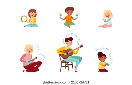 Funny Kid Characters Playing Tambourine and Flute at Music Lesson Vector Set