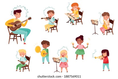 Funny Kid Characters Playing Violin and Saxophone at Music Lesson Vector Set