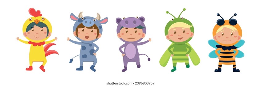 Funny Kid Characters Wearing Festive Party Costumes Vector Set