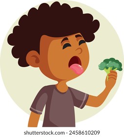 
Divertido Niño Que No Le Gusta El Brócoli Haciendo Caras Vector De Dibujos Animados. Comedor quisquilloso sosteniendo verduras frescas sintiendo asco
