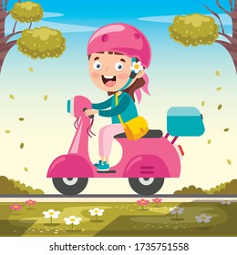 Funny Kid Driving Colorful Motorcycle