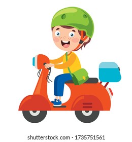 Funny Kid Driving Colorful Motorcycle