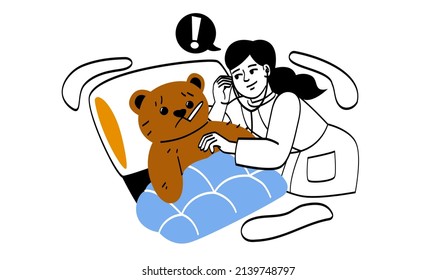 Niña divertida se involucra en diferentes actividades. La pequeña sonriente con uniforme médico trata a su oso de peluche enfermo. Niño feliz jugando y divirtiéndose. Dibujo vectorial plano de caricatura en estilo doodle