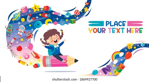 Funny Kid Flying On Colorful Pencil