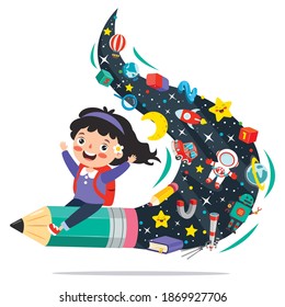 Funny Kid Flying On Colorful Pencil